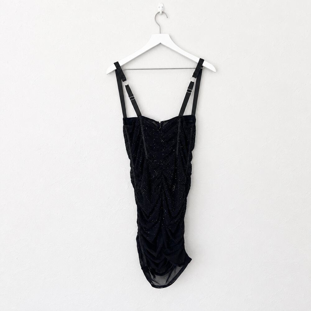 Oh Polly Black Rhinestone Ruched Mesh Bodycon Mini Dress US 6 Party Clubwear - Picture 4 of 10